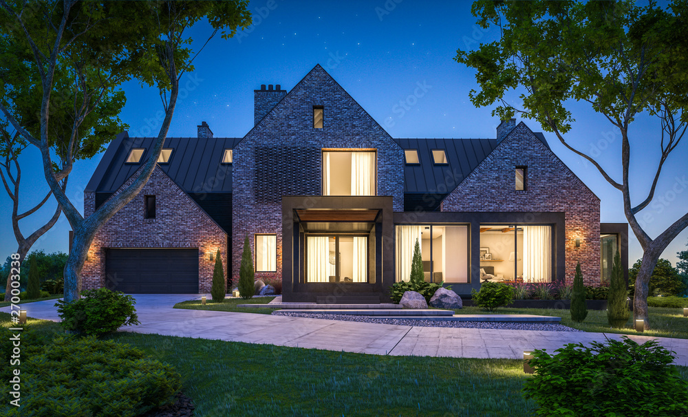 3d rendering of modern cozy clinker house on the ponds with garage and pool for sale or rent with beautiful landscaping on background. Clear summer night with many stars on the sky. 3d rendering of modern cozy clinker house on the ponds with garage and pool for sale or rent with beautiful landscaping on background. Clear summer night with many stars on the sky.