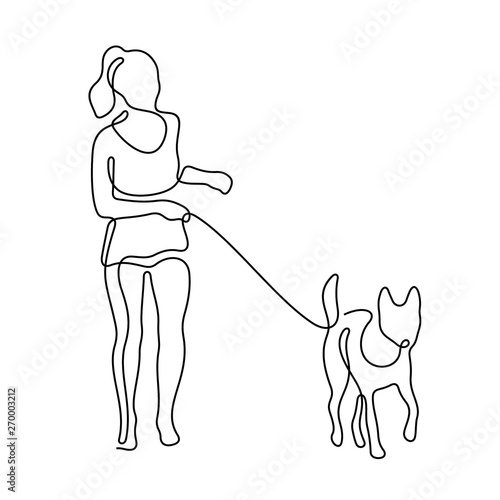 Girl walking with a dog continuous line vector illustration
