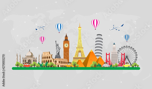 Travel to World. Road trip. Big set of famous landmarks of the world. Time to travel, tourism, summer holiday. Different types of journey. Flat design vector illustration