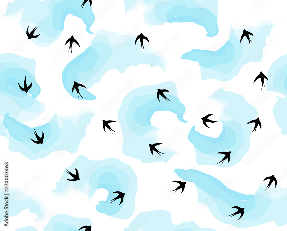 Naklejka premium Flying birds in the sky in clouds pattern vector