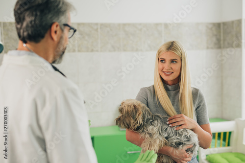 Fototapeta Naklejka Na Ścianę i Meble -  woman holding her dog while consulting with veterinarian