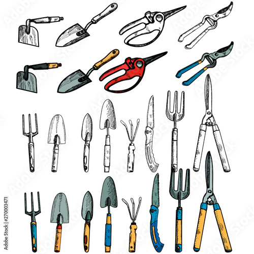 isolated, sketch with lines, garden tools set