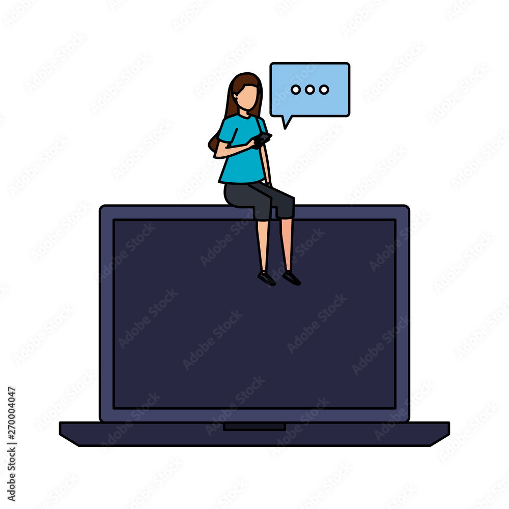 woman using smartphone seated in laptop with speech bubble woman using smartphone seated in laptop with speech bubble