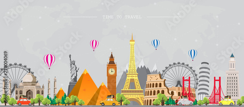 Travel to World. Road trip. Big set of famous landmarks of the world. Time to travel, tourism, summer holiday. Different types of journey. Flat design vector illustration