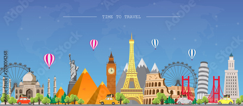 Travel to World. Road trip. Big set of famous landmarks of the world. Time to travel, tourism, summer holiday. Different types of journey. Flat design vector illustration