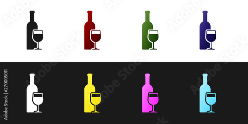 Set Wine bottle with wine glass icon isolated on black and white background. Vector Illustration