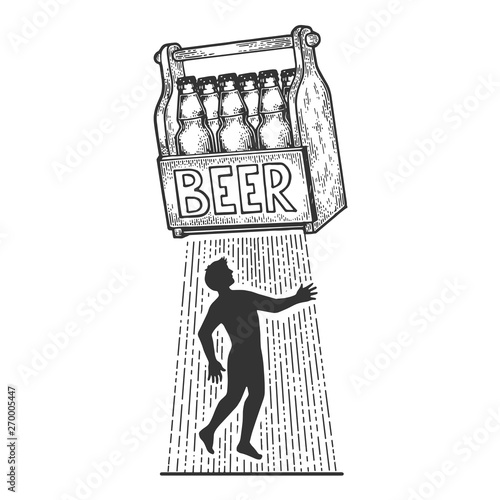 Beer kidnaps human person sketch engraving vector illustration. Scratch board style imitation. Black and white hand drawn image.