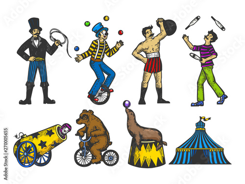 Retro circus performance set color sketch style vector illustration. Old hand drawn engraving imitation. Human and animals vintage drawings