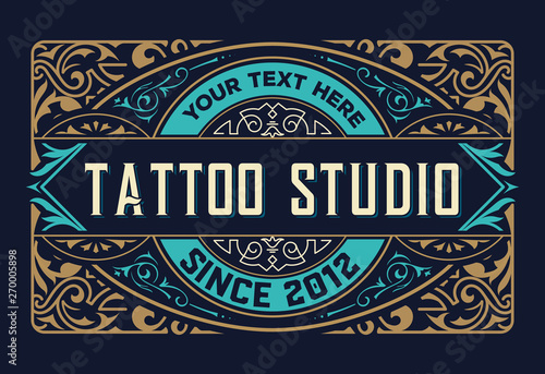 Tattoo logo template. Old lettering on dark background with floral ornaments. Vector layered