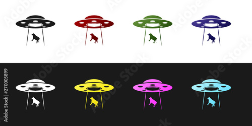 Set UFO abducts cow icon isolated on black and white background. Flying saucer. Alien space ship. Futuristic unknown flying object. Vector Illustration