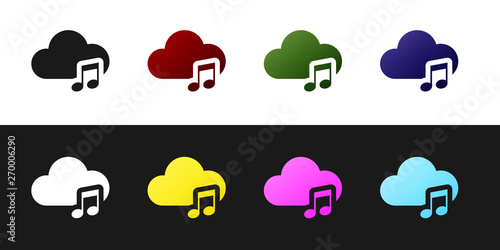 Set Music streaming service icon isolated on black and white background. Sound cloud computing, online media streaming, online song, audio wave. Vector Illustration