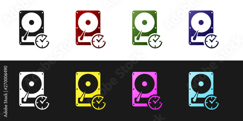 Set Hard disk drive with clockwise sign, data recovery icon isolated on black and white background. Vector Illustration