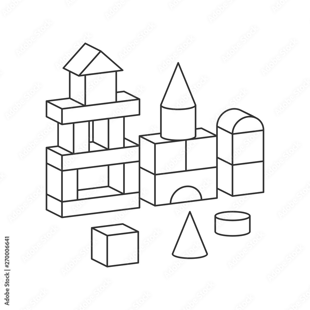 Line style blocks toy tower for coloring book. Bricks childrens