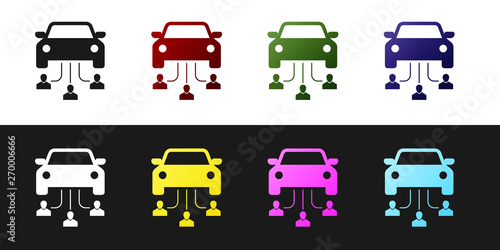 Set Car sharing with group of people icon isolated on black and white background. Carsharing sign. Transport renting service concept. Vector Illustration