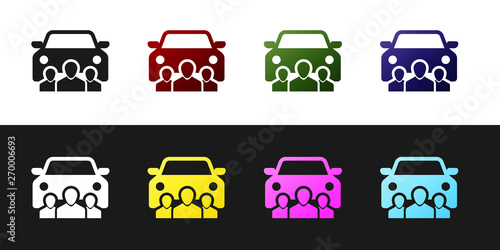 Set Car sharing with group of people icon isolated on black and white background. Carsharing sign. Transport renting service concept. Vector Illustration