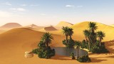 Oasis with palm trees and water in the sand desert, 3d rendering