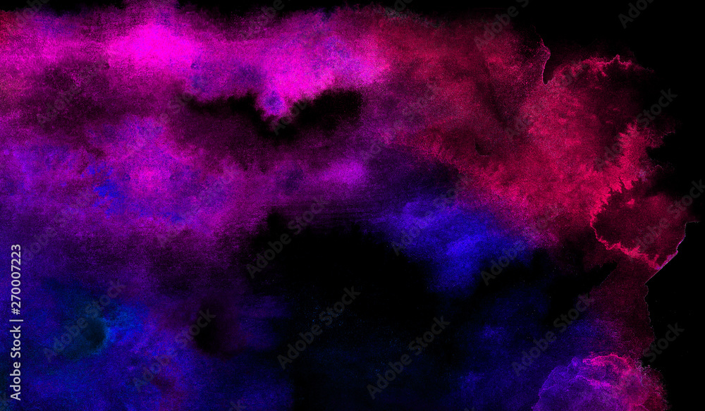 Smeared abstract cosmic bright vintage dark watercolour illustration. Neon watercolor on black paper background. Aquarelle vivid ink textured blue, pink and purple color canvas for modern design