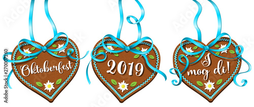 Oktoberfest München 2019 Lebkuchenherzen mit Schleifen Vektor Grafik Set