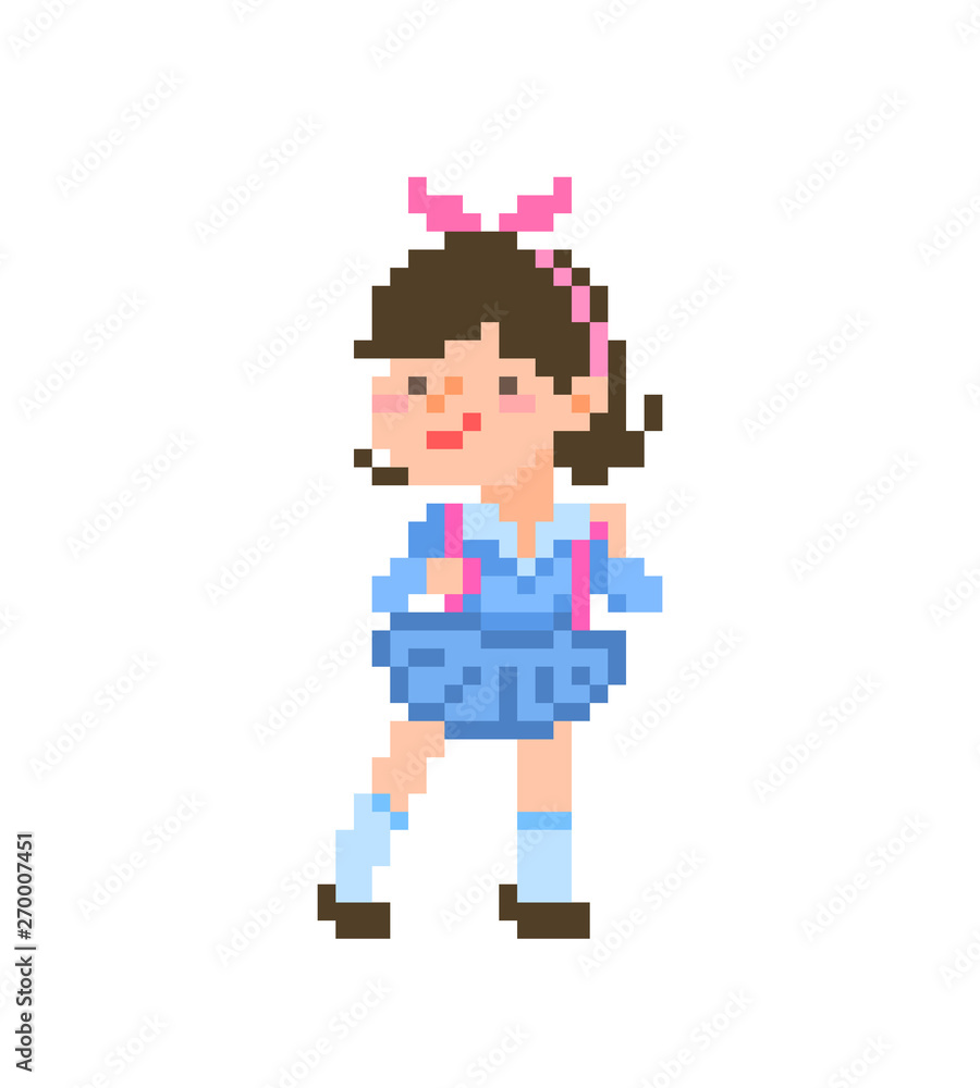 Old school 8 bit pixel art character, brunette schoolgirl in blue uniform, socks, pink headband wearing backpack. Happy feemale college student. Teenage pupil mascot.