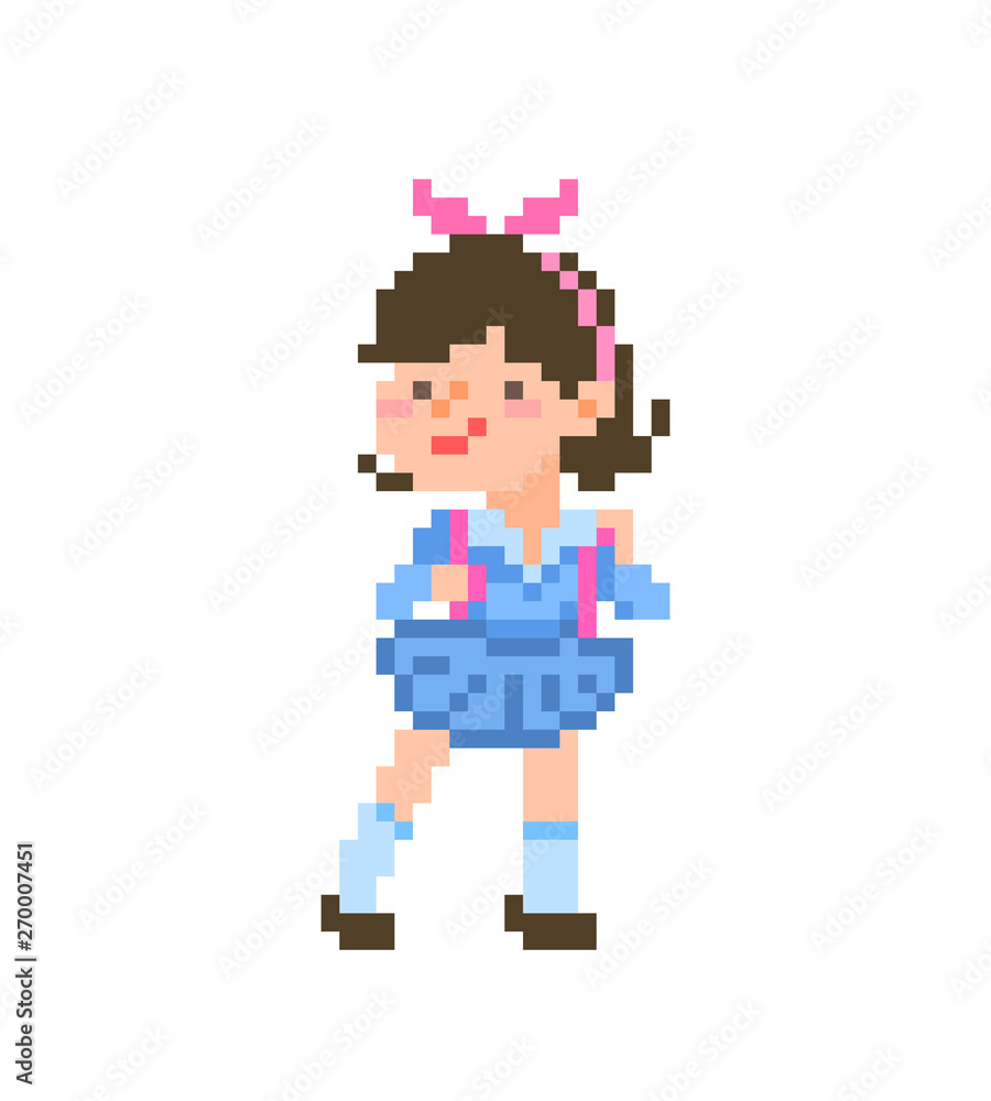 Old school 8 bit pixel art character, brunette schoolgirl in blue uniform, socks, pink headband wearing backpack. Happy feemale college student. Teenage pupil mascot. Old school 8 bit pixel art character, brunette schoolgirl in blue uniform, socks, pink headband wearing backpack. Happy feemale college student. Teenage pupil mascot.