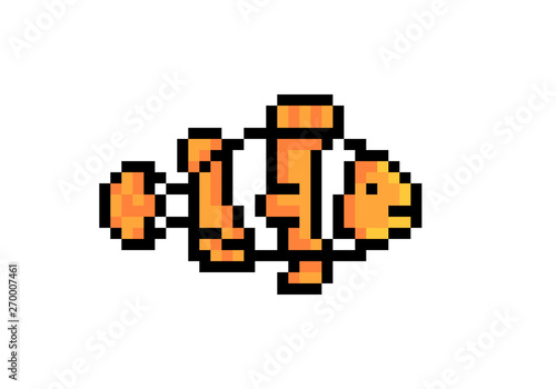 Clownfish/anemonefish old school 8 bit pixel art character icon isolated on white background. Pet fish symbol. Pet shop logotype.