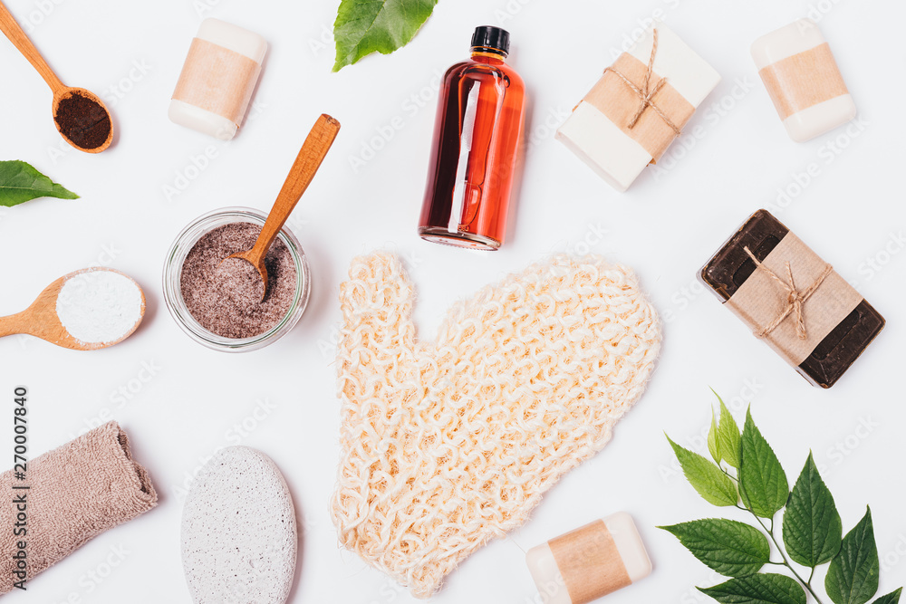 FLat lay background of natural bath cosmetics