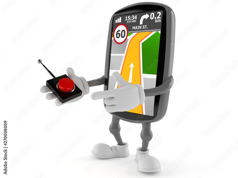 Fototapeta premium GPS navigation character pushing button on white background