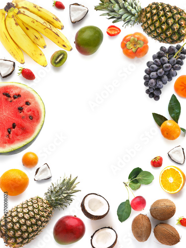 Fototapeta Naklejka Na Ścianę i Meble -  Various  fruits (watermelon, pineapple, coconut) isolated on white background, top view, creative flat layout. Concept of healthy eating, food background. Frame of  fruits with space for text.
