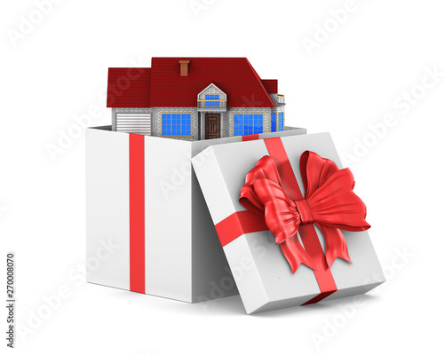 open white gift box and house on white background. Isolated 3D illustration