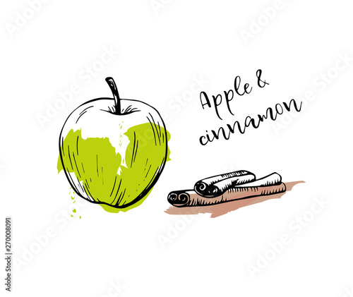 Apple and cinnamon sketch drawing vector illustration