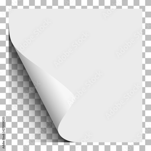 White sheet of paper with lower left paper curl and transparent background under it. Vector paper mock up.