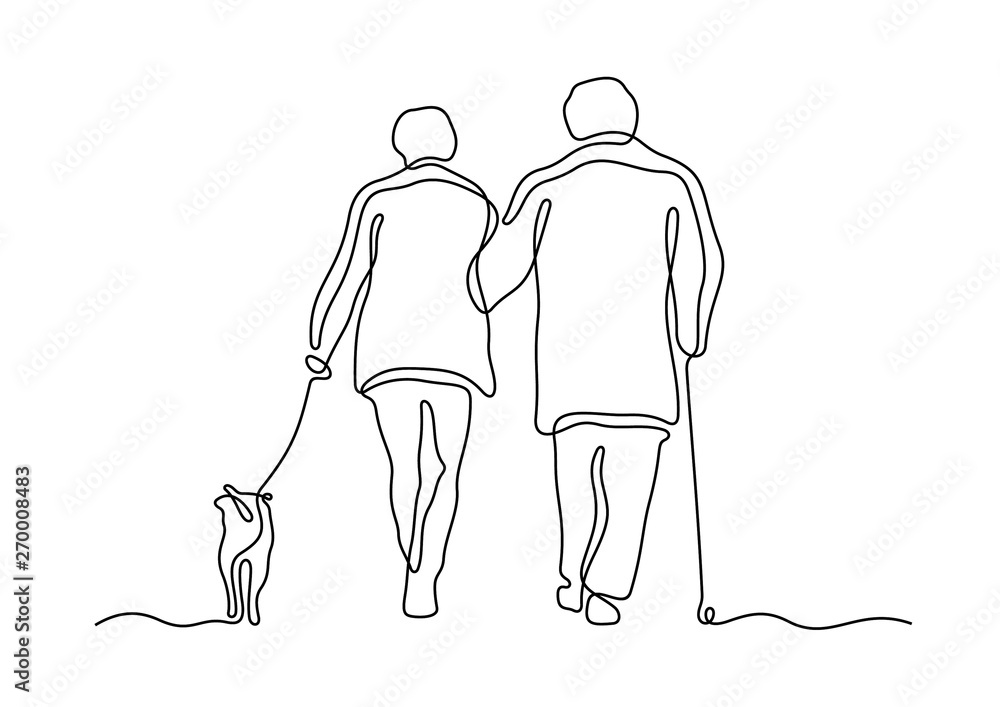 Elderly couple walking with dog continuous line vector illustration - obrazy, fototapety, plakaty 