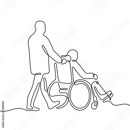 Man pushing wheelchair with disabled person