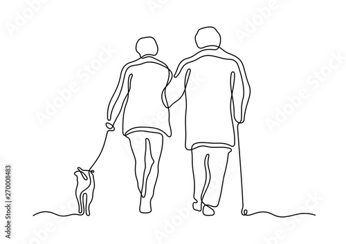 Elderly couple walking with dog continuous line vector illustration