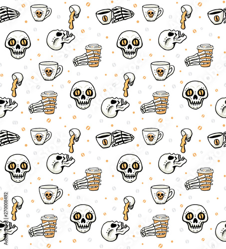 Skull and coffee funny handrawn pattern vector