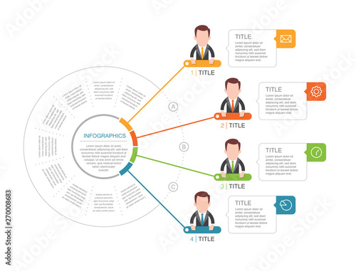 Vector abstract template infographic with icon cartoon figure business man. Icon set. Isolated on white background.