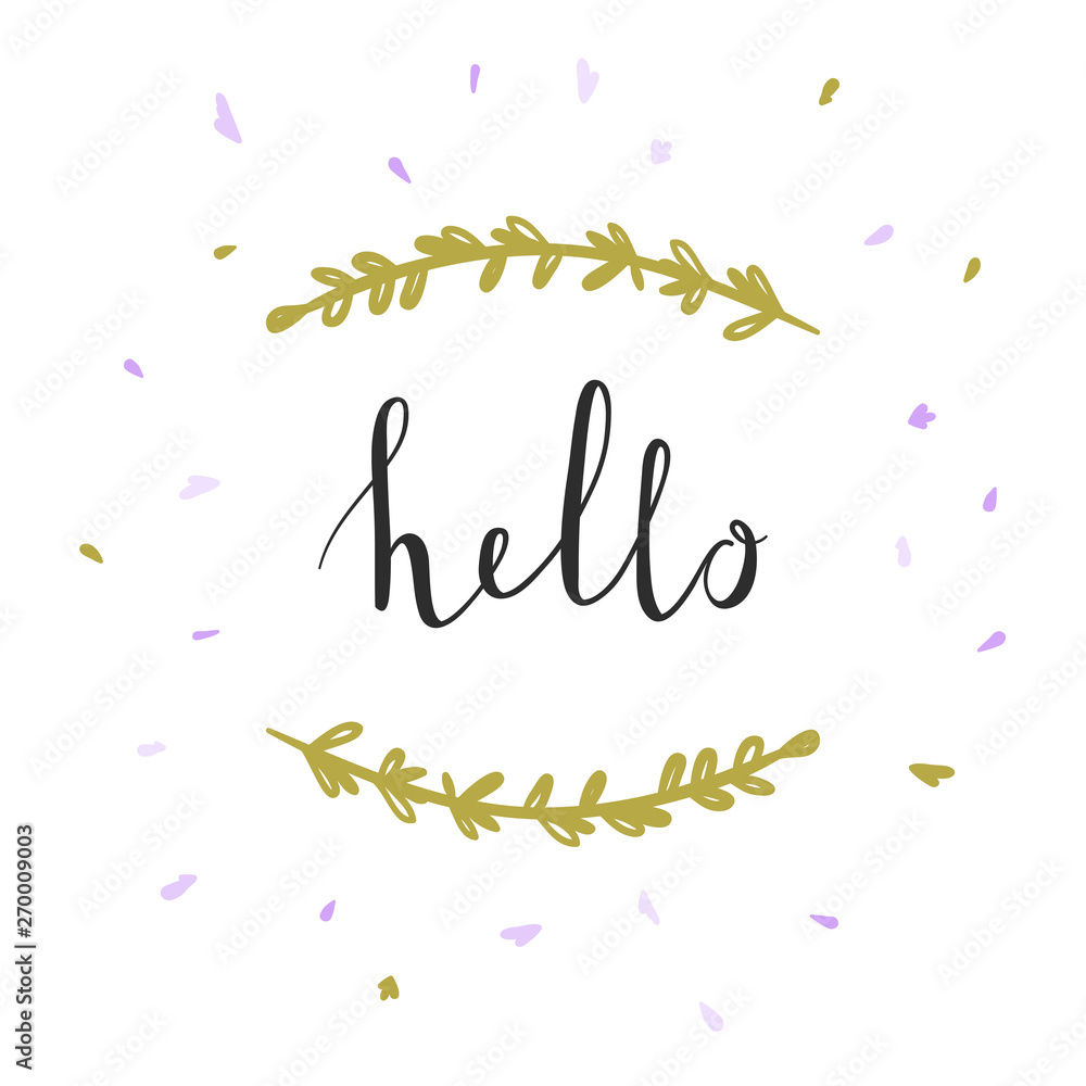 Greeting card with hello lettering and botanical wreath. Vector poster design Greeting card with hello lettering and botanical wreath. Vector poster design