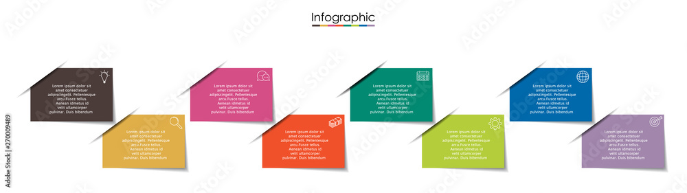 Vector infographic template with eight steps or options. Illustration presentation with line elements icons.  Business concept design can be used for web, brochure, diagram, chart or banner layout.