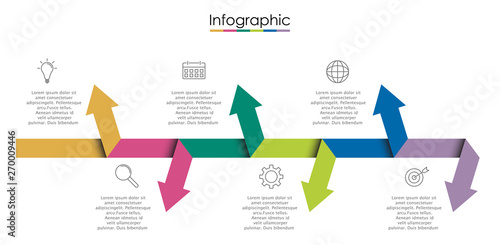 Vector infographic template with six steps or options. Illustration presentation with line elements icons.  Business concept design can be used for web, brochure, diagram, chart or banner layout.
