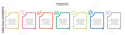 Vector infographic template with seven steps or options. Illustration presentation with line elements icons.  Business concept design can be used for web, brochure, diagram, chart or banner layout.