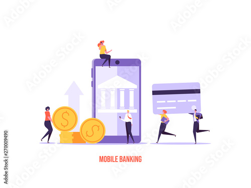 Fototapeta Naklejka Na Ścianę i Meble -  Concept of online banking, transfer money, cashback, money growth. Man with phone and debit or credit card pays and gets money online. Modern vector illustration in flat design with tiny people