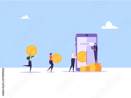 Concept of online banking, transfer money, cashback, money growth. Man with phone and debit or credit card pays and gets money online. Modern vector illustration in flat design with tiny people