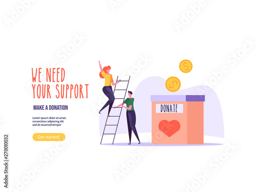 Charity and donation concept. Flat tiny voluntary charity persons illustration. Blood Donor and donation vector illustration in flat cartoon design.