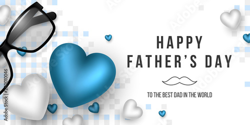 Fathers day greeting banner. 3d realistic hearts, glasses and checkered pattern. Holiday background. Vector illustration.