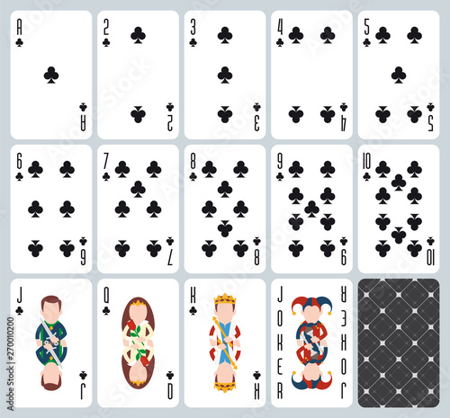 Poker playing cards of Clubs suit. Blue background. Original design deck. Vector illustration