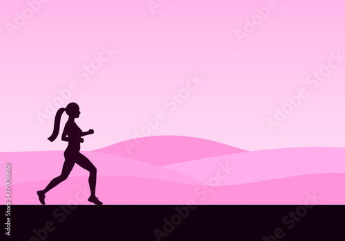 Pink sport design. The silhouette of the running woman in the nature. Hills in the background.
