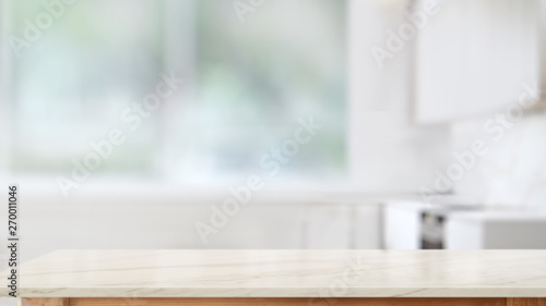 Top marble counter table for product display montage over kitchen window background