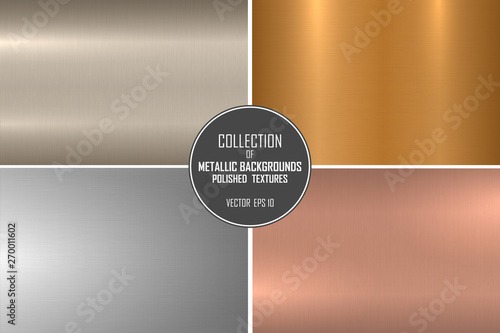 Elegant vector collection of polished metallic smooth textures. Color gradient iron backgrounds. Shiny brushed design