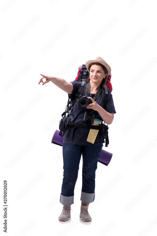 Aged female tourist isolated on white Aged female tourist isolated on white