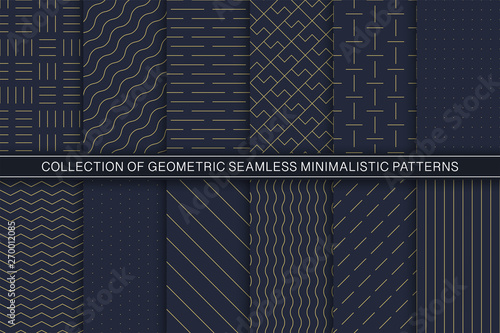 Collection of vector geometric seamless minimalistic patterns - simple goldish textures. Blue endless backgrounds
